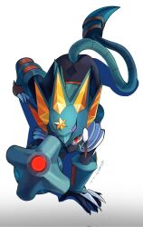 Rule 34 | 1boy, aiming, aiming at viewer, all fours, arm cannon, armor, black bodysuit, bodysuit, from above, full body, green armor, green helmet, green tail, gregar (mega man), helmet, highres, looking up, male focus, mask, mega man (series), mega man battle network (series), mega man battle network 6, megaman.exe, mouth mask, mr cairox, red eyes, simple background, solo, weapon, white background