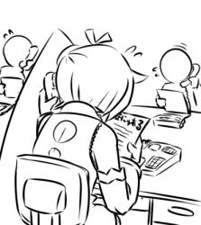 akita_neru apologizing chair commentary desk detached_sleeves faceless flying_sweatdrops greyscale long_hair lowres manual monochrome phone side_ponytail sitting sketch smith_hioka talking_on_phone translated vocaloid