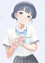 1girl absurdres basori_tiara black_hair blue_bow blue_bowtie blue_eyes bow bowtie collared_shirt double_ok_sign grey_skirt hair_bun highres make_heroine_ga_oo_sugiru! ok_sign parted_lips pleated_skirt school_uniform shirt short_hair short_sleeves skirt solo summer_uniform tomo_tsubaki tsuwabuki_high_school_uniform upper_body white_shirt
