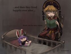 Rule 34 | 1girl, animal ears, artist name, bad id, bad twitter id, black dress, blonde hair, book, chinese clothes, closed eyes, commentary, cradle, dress, english commentary, english text, fumo (doll), holding, holding book, junko (touhou), long hair, long sleeves, on chair, open book, open mouth, purple hair, rabbit ears, reisen udongein inaba, sitting, smile, solo, sparkle71059204, touhou