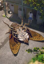 Rule 34 | 1boy, animal focus, apartment, bag, bicycle, black hair, blue shorts, bug, carapace, cicada, commentary, day, dead animal, eye socket, flip-flops, from above, giant insect, highres, holding, holding bag, horror (theme), insect, kiginobiru (hayapi), nose, open door, original, outdoors, sandals, scratching head, shirt, shorts, skull, teeth, trash bag, trash can, tree, white shirt, wings