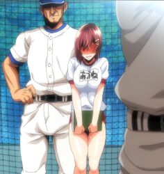 1girl 2boys age_difference akane_wa_tsumare_somerareru bare_arms bare_legs breasts bulge cheating_(relationship) coach erection erection_under_clothes groping hidden_face highres implied_netorare multiple_boys nanao_akane netorare no_eyes red_hair short_hair sportswear tagme takeda_hiromitsu tall_male thick_thighs thighs