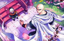 2boys :d bald black_eyes blush_stickers boriroba bracer cape chaozu cherry_blossoms chinese_clothes chinese_hat colored_skin commentary_request dandelion dougi dragon_ball dragonball_z floating_clothes flower from_above grass guapi_mao holding holding_flower looking_at_viewer looking_back looking_up male_focus multiple_boys muscular muscular_male open_mouth orange_cape pink_petals sitting sitting_on_stairs smile stairs tenshinhan triclops white_cape white_skin
