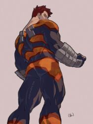 1boy 1nichi_4kai ass blue_eyes bodysuit boku_no_hero_academia clenched_hand commentary_request endeavor_(boku_no_hero_academia) feet_out_of_frame highres looking_back male_focus muscular muscular_male red_hair short_hair solo standing superhero_costume