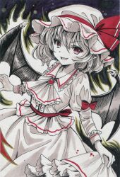 Rule 34 | 1girl, ascot, bat wings, brooch, collared shirt, commentary request, frilled shirt collar, frills, greyscale, hajike akira, hat, hat ribbon, highres, jewelry, long hair, long sleeves, looking at viewer, mob cap, monochrome, open mouth, pointy ears, red brooch, red eyes, red ribbon, remilia day, remilia scarlet, ribbon, shirt, skirt, skirt hold, smile, solo, spot color, touhou, traditional media, wings