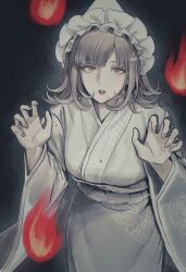 1girl 7nite absurdres black_background brown_hair chinese_commentary claw_pose cowboy_shot danganronpa_(series) danganronpa_2:_goodbye_despair fire frilled_hairband frills galaga hair_ornament hairband highres japanese_clothes kimono looking_at_viewer medium_hair nanami_chiaki open_mouth pink_eyes signature solo spaceship_hair_ornament spirit teeth upper_teeth_only white_hairband yukata