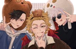 Rule 34 | 3boys, :p, absurdres, animal hood, asymmetrical bangs, bear hair ornament, bear hat, bear hood, beard stubble, black hair, black sweater, blonde hair, blue eyes, boku no hero academia, border, brown jacket, buttons, chain, chain necklace, closed mouth, collared jacket, colored eyelashes, crossover, earrings, facial hair, feathered wings, fingernails, fingers to cheeks, fur-trimmed jacket, fur trim, gojou satoru, haikyuu!!, hair between eyes, hair ornament, hand up, hat, hawks (boku no hero academia), highres, hood, hooded jacket, jacket, jewelry, jujutsu kaisen, kuroo tetsurou, layered clothes, long sleeves, looking at viewer, male focus, multiple boys, nakamura yuuichi, necklace, one eye closed, open clothes, open jacket, outside border, plaid background, plaid hat, red eyes, red wings, round eyewear, short hair, smile, spiked hair, stubble, stud earrings, sugi wtnb08, sunglasses, sweater, tongue, tongue out, track jacket, turtleneck, turtleneck sweater, twitter username, upper body, v, v over eye, voice actor connection, white border, white eyelashes, white hair, white jacket, wing print, wings, yellow eyes, zipper