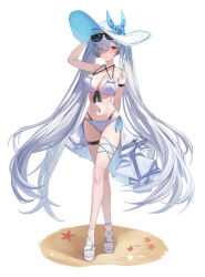 1girl absurdres alternate_costume andamiro arm_strap bikini blue_flower breasts cinderella_(nikke) collarbone crossed_legs eyes_visible_through_hair eyewear_on_head flower full_body goddess_of_victory:_nikke hair_over_one_eye hat hat_flower highres large_breasts long_hair looking_at_viewer navel platform_sandals red_eyes sandals shirt simple_background smile solo standing standing_on_one_leg stomach sun_hat sunglasses swimsuit thigh_strap twitter_username very_long_hair watson_cross white_bikini white_hair white_hat white_sandals white_shirt