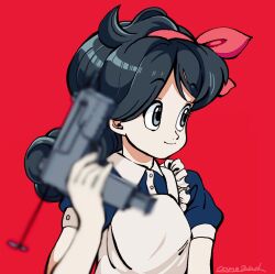 Rule 34 | 1girl, apron, black eyes, black hair, blurry, blurry foreground, closed mouth, dragon ball, eyelashes, gun, hair ribbon, highres, holding, holding gun, holding weapon, long hair, lunch (dragon ball), nanjima command, puffy short sleeves, puffy sleeves, red background, red ribbon, ribbon, short sleeves, signature, simple background, solo, upper body, very long hair, weapon, weapon request, white apron