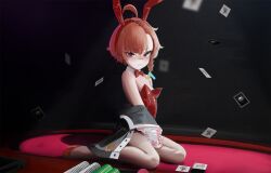 1girl ahoge animal_ear_hairband animal_ears bandaid bandaid_on_knee bandaid_on_leg bare_shoulders blue_archive blush bow bowtie braid breasts card casino casino_card_table commentary detached_collar fake_animal_ears floating_card frown full_body hair_between_eyes hairband highres huge_ahoge jacket leotard loli looking_at_viewer neru_(blue_archive) neru_(bunny)_(blue_archive) off_shoulder official_alternate_costume orange_hair oversized_breast_cup pantyhose playboy_bunny playing_card poker_chip rabbit_ears red_bow red_bowtie red_eyes red_hairband red_leotard red_shoes shoes short_hair side_braid single_braid sitting small_breasts solo sweatdrop table toraifu yokozuwari