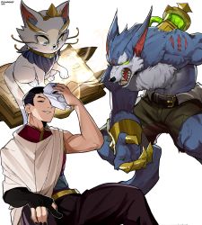 2boys absurdres animal bad_id bad_pixiv_id belt black_belt black_gloves black_hair black_nails black_pants book brown_shorts cat claws fingerless_gloves furry furry_male gloves glowing grin highres holding holding_mask jhin league_of_legends looking_down mask unworn_mask multiple_boys nail_polish open_book open_mouth pants ryu_(ryuwanshoy) sharp_teeth short_hair shorts simple_background single_bare_arm sitting smile teeth tongue warwick werewolf white_background yuumi_(league_of_legends)