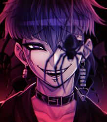 1boy black_collar blue_hair blurry blurry_foreground bug chamuchai collar collarbone cracked_skin earrings evil_smile face_piercing highres jewelry labret_piercing male_focus omokage_yugamu one_eye_covered piercing portrait purple_eyes short_hair smile solo spider spine the_hundred_line_-last_defense_academy-