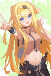1girl absurdres animal_ears arknights armpits bare_shoulders blonde_hair blue_eyes brigid_(arknights) brown_choker brown_jacket choker commentary_request crossed_bangs dog_ears double_v hair_between_eyes hairband highres jacket jei_(user_tckk7448) long_hair navel open_mouth sleeveless sleeveless_jacket smile solo v