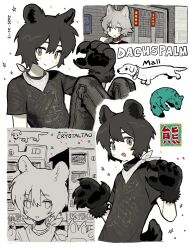 Rule 34 | 2boys, animal, animal ears, animal hands, bandana, bandana around neck, black hair, black shirt, claws, commentary, coyotetaodog, dog, dog boy, dog ears, dog tail, english commentary, gloves, grey eyes, highres, looking at viewer, male focus, multiple boys, multiple views, original, paw gloves, shirt, short hair, tail, white background, white bandana