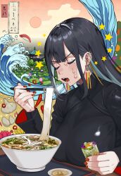 1girl aqua_hair black_hair black_jacket black_shirt blue_hair blunt_bangs blush bowl breast_rest breasts breasts_on_table building chili_pepper chopsticks closed_eyes cloud collared_jacket crying ear_piercing earrings eating eyebrows eyelashes female_focus fine_art_parody floating_earring flower food gakuran hair_between_eyes highres holding holding_chopsticks holding_food jacket japanese_text jewelry large_breasts lily_(flower) lily_pad long_hair long_sleeves mole mole_under_eye mole_under_mouth multicolored_hair nail_polish nihonga noodles onion open_mouth original parody pho piercing red_nails rice sakurai_energy saucer school_uniform shirt sidelocks sitting sky solo soup spring_roll star_(symbol) sun sunset sushi sweat table teeth thirty-six_views_of_mount_fuji tree two-tone_hair ukiyo-e vegetable waves