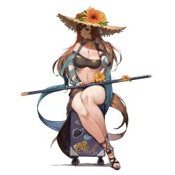1girl artist_request aya_kujyou_(final_gear) bare_legs bikini black_bikini braid breasts brown_hair choker cleavage collarbone cross-laced_sandals final_gear flower flower_choker french_braid full_body hair_down hair_ribbon hat highres holding holding_sword holding_weapon jewelry katana knees large_breasts leg_wrap legs legs_together long_hair looking_to_the_side midriff navel necklace official_art open_mouth purple_eyes ribbon see-through_clothes shadow shoe_strap simple_background sitting solo sticker suitcase sun_hat sunflower swimsuit sword tachi-e teeth third-party_source transparent_background very_long_hair weapon wheel white_ribbon yellow_flower