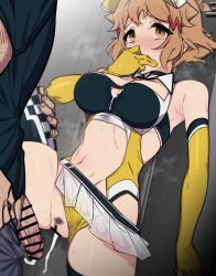 Rule 34 | 1boy, 1girl, aftersex, bar censor, blush, breasts, breath, brown eyes, brown hair, censored, clothing cutout, covering own mouth, cowboy shot, cum, cum in pussy, cum on body, cum on breasts, cum on upper body, hetero, highres, indoors, kuro mushi, large breasts, leg lift, leotard, navel, penis, race queen, senki zesshou symphogear, short hair, solo focus, standing, standing on one leg, stomach cutout, tachibana hibiki (symphogear), yellow leotard