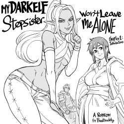 1boy 2girls bb_(baalbuddy) brother_and_sister brother_and_step-sister cover cover_page dark_skin elf english_text greyscale highres knight looking_at_viewer monochrome multiple_girls navel original pointy_ears robe sash siblings smile step-brother_and_step-sister step-siblings title