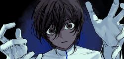 1boy arjuna_(fate) black_eyes black_hair blue_background coat commentary_request dark-skinned_male dark_skin fate/grand_order fate_(series) gloves highres jhwxxxnb male_focus parody portrait shadow_shadow_(vocaloid) solo very_dark_skin white_coat white_gloves