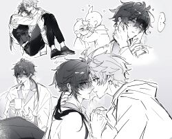 2boys absurdres blush caressing_cheek carrying fever forehead-to-forehead genshin_impact greyscale hamtaru542899 hand_on_another&#039;s_neck heads_together highres holding_hands monochrome mors_gn multiple_boys princess_carry sick tartaglia_(genshin_impact) twitter white_background yaoi zhongli_(genshin_impact)