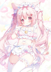 1girl animal_ear_fluff animal_ears apron arm_up bikini blush bow breasts cat_ears cat_girl cat_tail hair_bow hair_ornament hairband hairclip highres leg_up lolita_hairband long_hair momozu_komamochi navel no_shoes original pink_bikini pink_eyes pink_hair pink_ribbon ribbon small_breasts solo standing standing_on_one_leg stomach swimsuit tail tail_ornament tail_ribbon thighhighs thighs twintails very_long_hair waist_apron white_apron white_thighhighs