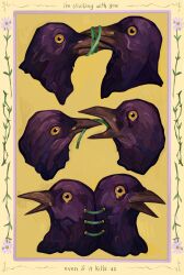 Rule 34 | animal, animal focus, beak, bird, body horror, border, bound together, closed mouth, color contrast, commentary, cropped head, crying, daisy (flower), english commentary, english text, feathers, film grain, flower, googly eyes, hatching (texture), highres, inset border, looking at viewer, no humans, no sclera, open mouth, original, purple bird, purple border, purple feathers, quezify, stitched face, stitched neck, stitches, string, string in mouth, white flower, yellow background, yellow border, yellow eyes