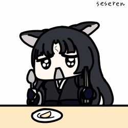 1girl alternate_color animal_ears animated animated_gif arknights chopsticks food fruit lemon lemon_slice lowres open_mouth saga_(arknights) saucer seseren spoon