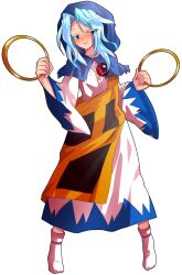 1girl alphes_(style) blue_eyes blue_hair blue_hood blush clenched_hands commentary_request dairi dress frills full_body hands_up holding_hoop hood hood_up hoop jewelry kesa kumoi_ichirin large_variant_set long_hair long_sleeves looking_to_the_side multicolored_dress necklace parody pendant smile socks solo standing style_parody tachi-e touhou transparent_background variant_set wide_sleeves