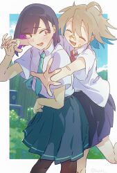 2girls ahoge bandaid bandaid_on_cheek bandaid_on_face bandaid_on_nose behind_another black_hair black_pantyhose blue_hair blue_sky blush border brown_hair collared_shirt colored_inner_hair day do_it_yourself!! fang floating_hair foliage glomp green_necktie green_skirt highres holding_hands hug hug_from_behind interlocked_fingers looking_at_another looking_back multicolored_hair multiple_girls neck_ribbon necktie open_mouth outdoors outside_border overgrown pantyhose pink_ribbon purple_hair purple_skirt red_eyes ribbon school_uniform shirt short_hair skin_fang skirt sky smile suride_miku umiseazzz white_border white_shirt yua_serufu