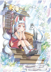 Rule 34 | 1girl, absurdres, animal ears, bare shoulders, bell, black sandals, closed mouth, commentary request, facial mark, hakama, hakama pants, hands on own chin, head rest, highres, hip vent, inari, japanese clothes, kimono, multiple tails, okobo, original, outdoors, pants, plant, platform sandals, pop (electromagneticwave), red eyes, red pants, rope, sandals, short hair, sidelocks, sleeveless, sleeveless kimono, socks, solo, statue, tabi, tail, two side up, white hair, white socks, white tail