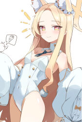 Rule 34 | 1girl, absurdres, animal ear fluff, animal ears, bare shoulders, bird, blonde hair, blue archive, blush, breasts, closed mouth, collar, covered navel, cross halo, detached collar, detached sleeves, ear wreath, extra ears, flower wreath, forehead, fox ears, fox girl, gradient eyes, halo, highres, leotard, long-tailed tit, long hair, looking at viewer, multicolored eyes, necktie, parted bangs, playboy bunny, seia (blue archive), seulpeunna, simple background, sleeve bow, sleeves past fingers, sleeves past wrists, small breasts, smile, solo, strapless, strapless leotard, thighs, tit (bird), white bird, white collar, white leotard, yellow halo