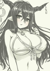 1girl bikini breasts cleavage commentary_request crescent danua danua_(summer)_(granblue_fantasy) draph front-tie_bikini_top front-tie_top granblue_fantasy hair_between_eyes highres horn_ornament horns jewelry large_breasts long_hair midriff monochrome navel necklace official_alternate_costume pas_(paxiti) pointy_ears sketch solo strap_gap swimsuit underboob