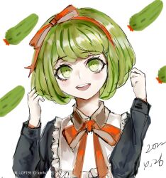 1girl black_dress blush bow bowtie child collared_dress danganronpa_(series) danganronpa_another_episode:_ultra_despair_girls dress eyebrows eyelashes green_eyes green_hair hair_bow hair_ribbon hairband headband highres long_sleeves looking_at_viewer neck_ribbon pickle red_bow red_hairband red_headband red_headwear red_ribbon ribbon signature simple_background sketch teeth tongue towa_monaca upper_teeth_only watermark white_background