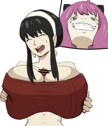 1futa 1girl age_difference anya_(spy_x_family) bar_censor breasts censored clothed_female_nude_female clothed_sex embarrassed erection futa_with_female futanari grabbing_own_breast highres huge_breasts huge_penis keizzzu loli long_hair nude open_mouth paizuri paizuri_under_clothes penis pink_hair pov simple_background size_difference smile spy_x_family sweat white_background yor_briar