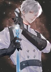 1boy black_gloves blue_eyes closed_mouth elusive_sadie galaxy_background gloves grey_hair hair_between_eyes highres holding holding_sword holding_weapon jacket looking_at_viewer love_and_deepspace male_focus short_hair solo sparkle sword twitter_username upper_body weapon white_jacket xavier_(love_and_deepspace)