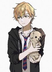1boy animal baby_animal blonde_hair brown_fur collarbone collared_shirt commentary_request diagonal-striped_clothes diagonal-striped_necktie dog drawstring earrings holding holding_animal holding_dog hood hood_down hooded_jacket iwawa jacket jewelry kamiyama_high_school_uniform_(project_sekai) looking_to_the_side male_focus multicolored_hair necktie open_collar orange_eyes orange_hair parted_bangs piercing project_sekai puppy school_uniform shinonome_akito shirt sideways_glance simple_background sleeves_rolled_up solo streaked_hair striped_clothes upper_body white_background white_shirt