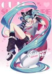 Rule 34 | 13 (bbr584607091), 1girl, absurdly long hair, absurdres, alternate costume, animal ear headwear, animal ears, aqua arm warmers, aqua eyes, aqua hair, arm warmers, beanie, black arm warmers, black bra, black hat, black leg warmers, black shorts, bra, character name, colored inner hair, english text, eyewear on headwear, fake animal ears, fang, fingerless gloves, floating, floating hair, full body, gloves, grey shirt, hands up, hashtag-only commentary, hat, hatsune miku, headphones, heart, highres, horizontal-striped clothes, leg belt, leg warmers, long hair, looking at viewer, multicolored hair, navel, open mouth, pink shirt, platform shoes, red hair, shirt, shoes, short shorts, shorts, single off shoulder, skin fang, smile, solo, sports bra, stomach, striped arm warmers, underwear, very long hair, vocaloid, white shoes, wide sleeves