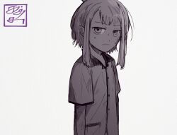 child highres kagurabachi katsutacle kyonagi_char looking_at_viewer non-web_source oversized_clothes shirt short_hair simple_background solo solo_focus white_background white_shirt