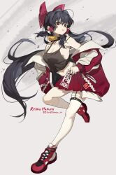 Rule 34 | 1girl, absurdres, artist name, bare shoulders, black camisole, black choker, black hair, bow, breasts, camisole, character name, choker, cleavage, collarbone, commentary request, full body, garter straps, grey background, hair between eyes, hair bow, hair tubes, hakurei reimu, highres, holding ofuda, jacket, kneehighs, large breasts, long hair, long sleeves, looking at viewer, medium breasts, miniskirt, navel, off shoulder, ofuda, open clothes, open jacket, parted bangs, pleated skirt, red bow, red eyes, red jacket, red shoes, red skirt, shimiya jin, shoes, sidelocks, simple background, single kneehigh, single sock, single thighhigh, skindentation, skirt, socks, solo, spaghetti strap, stomach, thigh strap, thighhighs, touhou, twitter username, very long hair, white socks, white thighhighs
