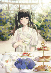1girl absurdres black_hair blue_flower blue_rose blunt_bangs bow cake chair commission conservatory creamer_(vessel) cup dress flower food fork fruit green_bow green_eyes hair_bow highres holding holding_cup jam long_hair looking_at_viewer macaron original plate puffy_short_sleeves puffy_sleeves rose rose_bush sailor_dress sample_watermark sandwich scone short_sleeves sitting smile solo straight-on strawberry sugar_bowl table tart_(food) teacup teapot tiered_tray twintails upper_body watermark white_dress yoi_(207342)