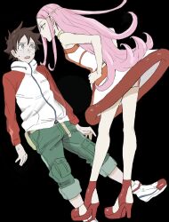 1boy 1girl anemone_(eureka_seven) blue_eyes brown_hair dress eureka_seven eureka_seven_(series) eye_contact full_body high_heels highres jacket long_hair looking_at_another open_mouth pink_hair renton_thurston rueisi_(namezari) simple_background sweat
