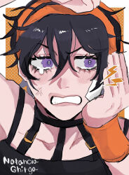 1boy absurdres anger_vein bandage_on_cheek black_hair black_tank_top character_name collarbone crying curly_hair earrings eyelashes glaring hairband halftone halftone_background hand_on_own_cheek hand_on_own_face headband highres jewelry jojo_no_kimyou_na_bouken looking_to_the_side male_focus matubaru_chan messy_hair narancia_ghirga orange_background orange_hairband orange_headband portrait short_hair solo stud_earrings tank_top tearing_up tears vento_aureo wristband