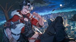 Rule 34 | 1boy, :d, animal ears, belt, black hair, black pants, building, cloud, cropped jacket, fangs, first stage production, full moon, fur-trimmed jacket, fur trim, grey hair, hair ornament, hairclip, highres, jacket, kurosaki taiga, male focus, moon, nao (syn eaa), night, night sky, official art, open clothes, open jacket, open mouth, orange-tinted eyewear, pants, red belt, red jacket, removing eyewear, sitting, sky, smile, solo, sunglasses, teeth, tinted eyewear, tongue, tongue out, tree, upper teeth only, virtual youtuber, wolf, wolf ears, yellow eyes, zipper pull tab