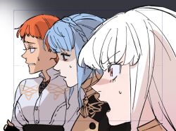 3girls bags_under_eyes blue_hair braid buttons commentary_request crown_braid fire_emblem fire_emblem:_three_houses garreg_mach_monastery_uniform half-closed_eyes leonie_pinelli lysithea_von_ordelia marianne_von_edmund mkpj32 multiple_girls nintendo open_mouth orange_hair pink_eyes profile shirt sidelocks sweatdrop white_hair white_shirt