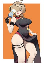 Rule 34 | 1girl, ahoge, armband, bare arms, bare shoulders, belle (zenless zone zero), black-framed eyewear, black armband, black dress, black gloves, blonde hair, breasts, china dress, chinese clothes, clothes lift, clothing cutout, commentary, covered navel, dress, dress lift, eyewear on head, fingerless gloves, gloves, hair bun, hair over one eye, hair tie, hand fan, highres, holding, holding fan, large breasts, legs, looking at viewer, low twintails, open mouth, parted bangs, pelvic curtain, pinky out, purple eyes, signature, single glove, skindentation, sleeveless, sleeveless dress, solo, standing, sweety (zenless zone zero), thigh strap, thighs, tuanshan, twintails, two-tone dress, zet (twt zet)