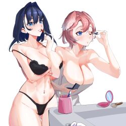 2girls absurdres applying_makeup applying_own_makeup black_bra black_hair black_panties blue_eyes bra breasts cosmetics daaku_(koizumi_arata) gluteal_fold hair_intakes hand_mirror head_wings highres hololive hololive_english huge_breasts lipstick lipstick_tube makeup makeup_brush mirror multiple_girls ouro_kronii panties pink_hair pink_wings takane_lui toothbrush towel underwear virtual_youtuber wings