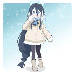 1girl absurdres aris_(blue_archive) aris_(winter)_(blue_archive) black_hair black_pantyhose blue_archive blue_eyes boots border commentary_request full_body hair_between_eyes highres long_hair long_hair_between_eyes looking_at_viewer official_alternate_costume official_alternate_hairstyle open_mouth pantyhose plaid_clothes plaid_scarf pleated_skirt pom_pom_(clothes) scarf skirt solo standing very_long_hair watatsumi22 white_border white_skirt winter_clothes
