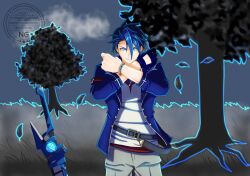 1boy artist_request black_hair blue_eyes blue_hair bracelet crossed_arms dog_tags eiyuu_densetsu falling_leaves glove_cutout gloves grin hair_between_eyes hair_slicked_back highres jacket jewelry kuro_no_kiseki_(series) leaf looking_at_viewer male_focus multicolored_hair open_clothes open_jacket outdoors planted planted_sword planted_weapon single_glove smile solo sword two-tone_hair upper_body van_arkride weapon