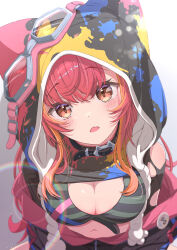 absurdres black_choker breasts bule_blue_2 choker cleavage fang goggles goggles_on_head highres hood jacket light_blush medium_hair nekota_tsuna orange_eyes red_hair skin_fang virtual_youtuber vspo!