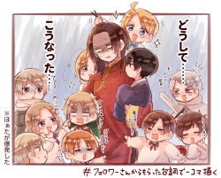 6+boys ^^^ aged_down ahoge america_(hetalia) anger_vein axis_powers_hetalia babysitter black_eyes black_hair blonde_hair blue_background blue_bow blue_bowtie blue_eyes blush border bow bowtie brothers brown_hair canada_(hetalia) cape carrying carrying_person changpao child china_(hetalia) chinese_clothes closed_eyes closed_mouth clothes_grab coat commentary_request dress food france_(hetalia) germany_(hetalia) grabbing_another&#039;s_hair green_cape grey_coat grey_hair half-closed_eyes hand_on_own_chin happy highres holding holding_food holding_sword holding_vegetable holding_weapon hood hooded_cape japan_(hetalia) japanese_clothes kimono long_hair long_sleeves looking_afar looking_at_another male_focus mandarin_collar moja-kyann multiple_boys northern_italy_(hetalia) notice_lines open_mouth orange_hair parted_bangs pink_scarf prussia_(hetalia) puffy_long_sleeves puffy_sleeves purple_bow purple_bowtie purple_eyes purple_kimono red_bow red_bowtie red_shirt russia_(hetalia) scared scarf shirt short_hair siblings sidelocks simple_background smile southern_italy_(hetalia) spain_(hetalia) sparkle sweatdrop sword tan tearing_up tomato translation_request twins united_kingdom_(hetalia) v-shaped_eyebrows vegetable weapon white_border white_cape white_dress wide_sleeves